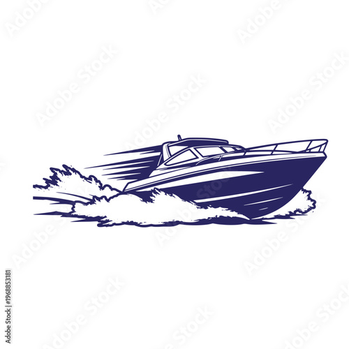 Dark blue silhouette of a motorboat speeding across water creating a large wake with motion lines on a white background