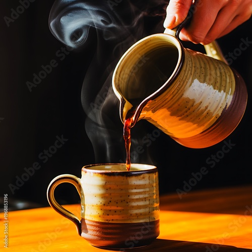 A brown ceramic mug on a table with steam rising, being filled with coffee from a matching jug held by a hand, warm lighting accentuating textures.