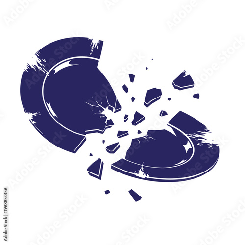 Dark blue silhouette of a shattered ceramic plate with jagged fragments and cracks isolated on a white background