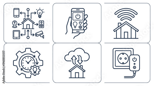 Smart Home Automation and IoT Technology Outline Icons Set Isolated White Background