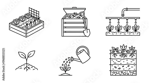 Sustainable Gardening and Agriculture Outline Icons Set Isolated White Background