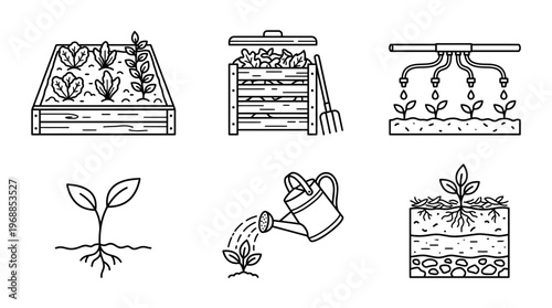 Sustainable Gardening and Agriculture Outline Icons Set Isolated White Background