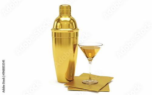 Gold cocktail shaker and martini glass on gold napkins  luxury drink preparation