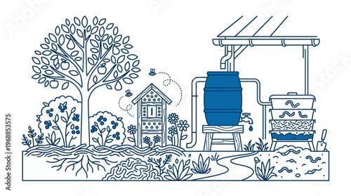 Sustainable Backyard Garden with Rainwater Harvesting System Line Art Illustration Isolated White Background