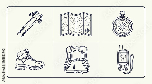 Hiking and Outdoor Adventure Line Icons Set, Trekking and Navigation Gear Outline Vector Collection, isolated white background.