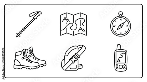 Hiking and Outdoor Adventure Line Icons Set, Trekking and Navigation Gear Outline Vector Collection, isolated white background.