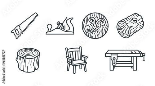 Woodworking Tools and Materials Line Icons Set, Carpentry Equipment Outline Vector Collection, isolated white background.