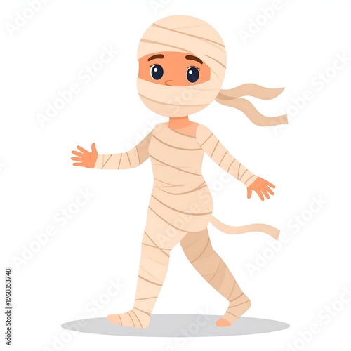 Cartoon mummy with big eyes, wrapped in bandages, walking on a shadow