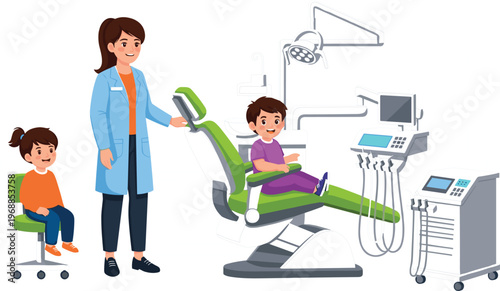 Female pediatric dentist welcoming young children to modern dental office with green examination chair and medical equipment,