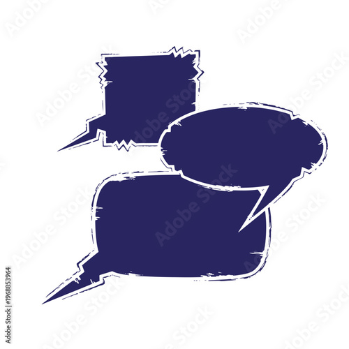 Three dark blue speech bubbles with rough distressed edges and jagged outlines on a white background for comic book style communication