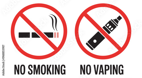 No smoking and no vaping, vector illustration, prohibition signs set, cigarette and vape icons, forbidden smoking symbols, warning signage, clean design