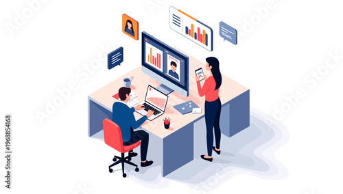 A young professional working on a laptop in a modern office with a city view, feeling productive and focused.