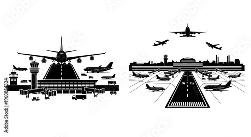 Black and white illustration of an airport with planes and control tower