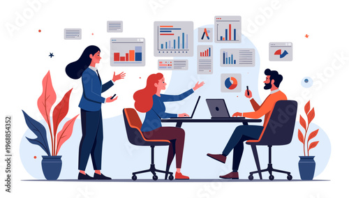 Illustration of a person standing beside a potted plant with large colorful leaves, conveying a sense of serenity and growth.