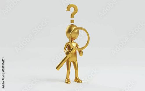 Gold shiny cartoon character holding magnifying glass and question mark  searching for answers