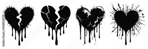 Broken heart gothic vector set with painted graffiti style, grunge love symbols, emo romance icons, black silhouette abstract art shapes, sticker design elements isolated on white background