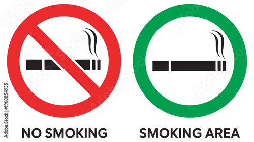 No smoking sign and smoking area sign, vector illustration, prohibition and designated smoking icons, cigarette symbols, public space signage, flat design