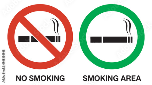 No smoking sign and smoking area sign, vector illustration, prohibition and designated smoking icons, cigarette symbols, public space signage, flat design