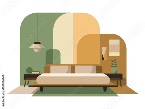 A modern bedroom with a minimalist bed and vibrant green and yellow walls