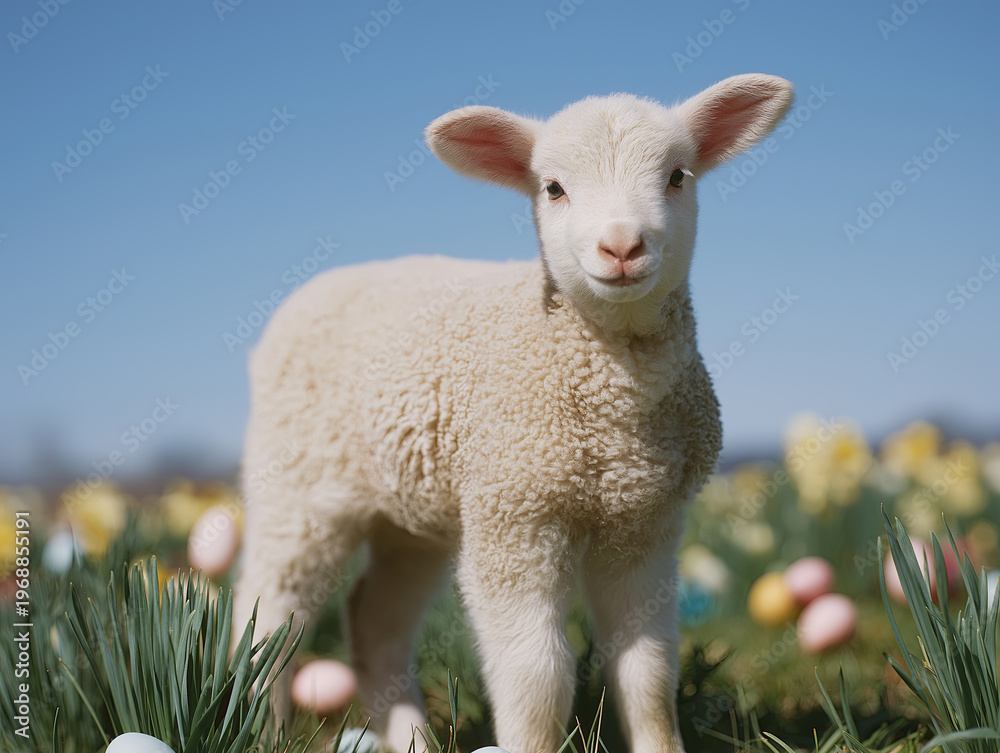 Obraz premium A fluffy white lamb stands in a vast field of yellow flowers and scattered pastel Easter eggs under a clear blue sky.