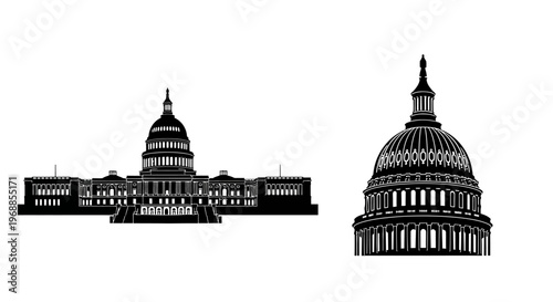 Black and white illustration depicting the united states capitol building
