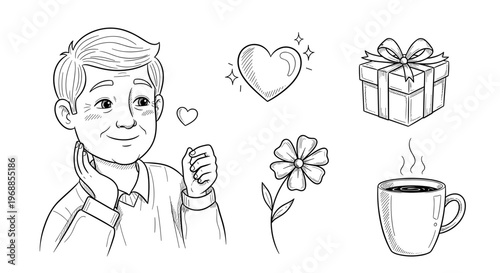 A hand-drawn outline illustration shows a smiling man imagining a heart, surrounded by a gift box, a flower, and a hot coffee.
