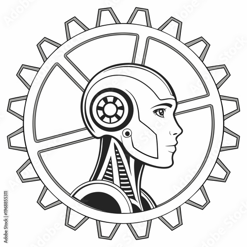 A robotic head with a gear in the background