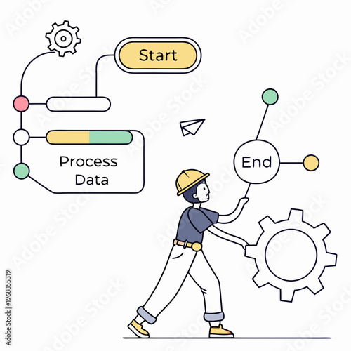Man in hard hat pushing large gear in a process diagram