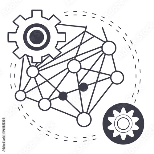 A diagram of interconnected nodes and gears