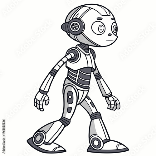 A robot with headphones is walking