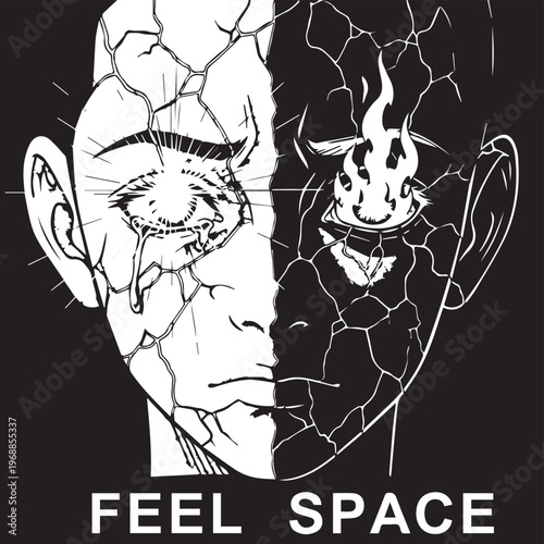 Split face, cracked head, contrasting emotions, black and white vector, Feel Space