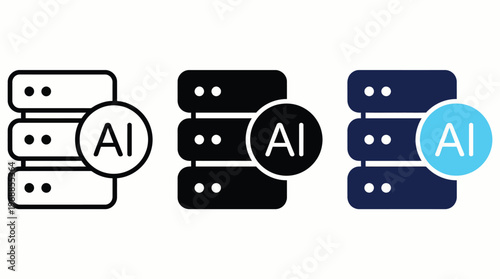AI data center icon. Server and technology symbol. Cloud, digital and artificial intelligence concept. Network, storage and interface design representing AI, data center and computing systems.