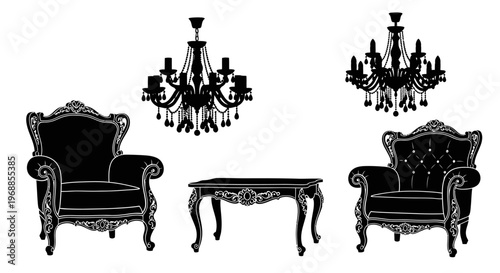 Elegant black furniture set including chairs table and chandeliers