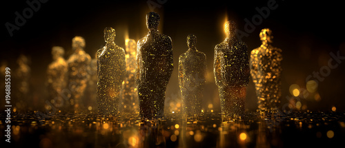 Abstract figures made of glowing particles standing in dark space  