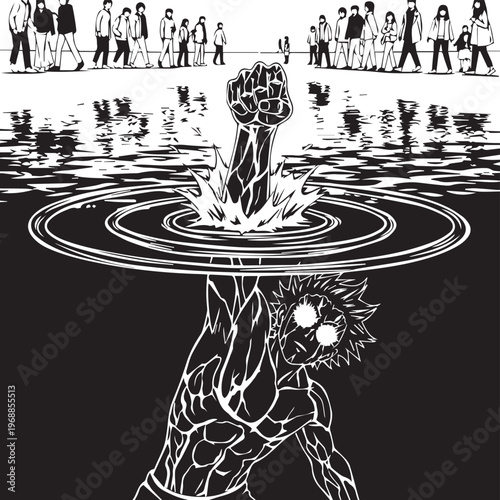 Revolutionary protest, raised fist emerging from water, social movement, activism symbol, black and white vector