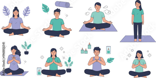 Yoga and Meditation Practices Set with Breathing Exercises, Stretching, Relaxation, and Stress Relief Illustrations for Wellness, Health, and Mindfulness