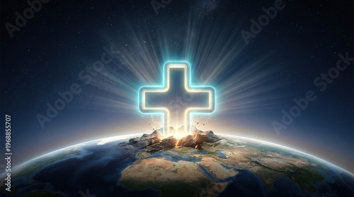 Glowing medical cross symbol over Earth representing global healthcare and hope in cosmic light