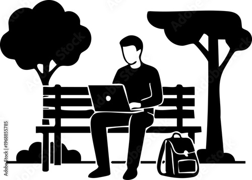 Digital nomad working on laptop in park, remote work lifestyle and outdoor productivity silhouette illustration