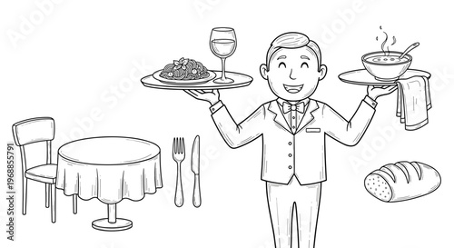 A diligent waiter cheerfully carries two trays laden with various restaurant dishes including a full meal, soup, and bread.