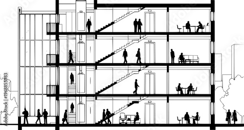 Architectural section drawing of a modern multi story building with people depicted on each floor