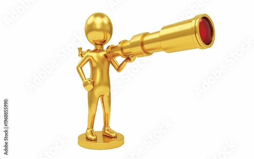 Golden cartoon character looking through a telescope  curious shiny person with a spyglass  exploring vision