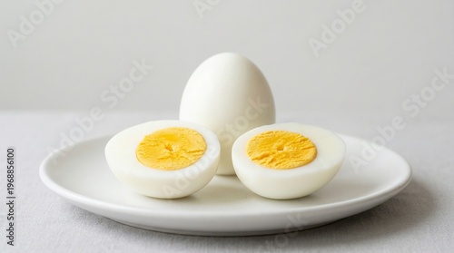 Halved hard-boiled eggs with bright yellow yolks on minimalist white plate for healthy breakfast