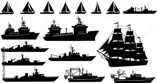 set of silhouettes of boats