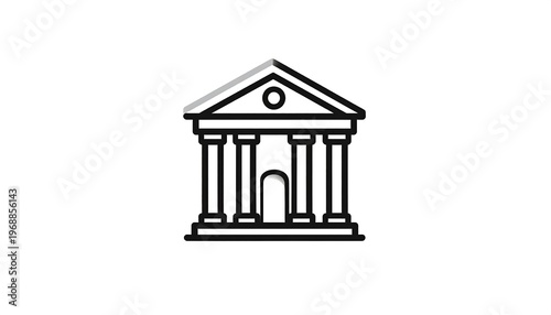 Classical architecture icon building with columns, pediment, isolated in black on white, with light shadow