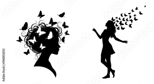 Woman s silhouette transforming into butterflies representing freedom and change