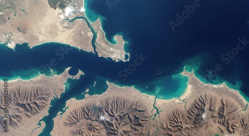 Aerial view of the strategic Strait of Hormuz coastline, Iran