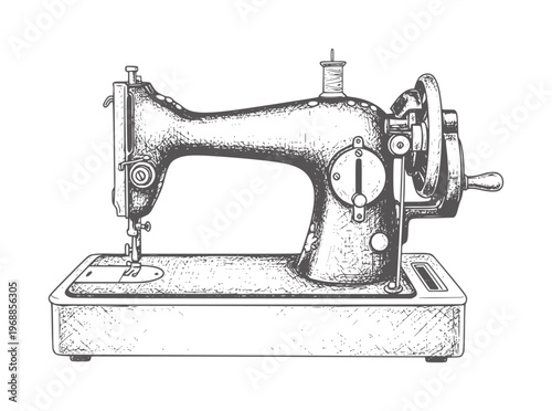 Vintage sewing machine with spool of thread white