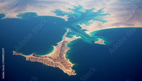 Aerial view of the strategic Strait of Hormuz coastline, Iran