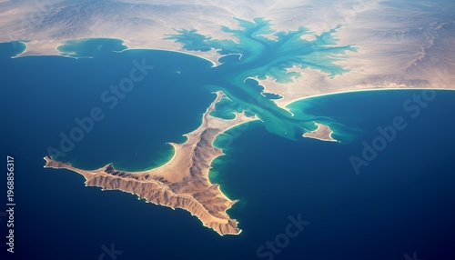 Aerial view of the strategic Strait of Hormuz coastline, Iran