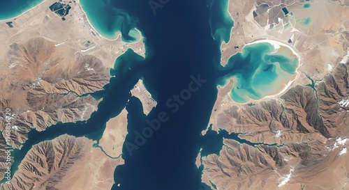 Aerial view of the strategic Strait of Hormuz coastline, Iran